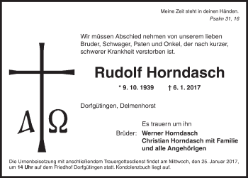 Traueranzeige von Rudolf Horndasch von Dinkelsbühl/ Feuchtwangen