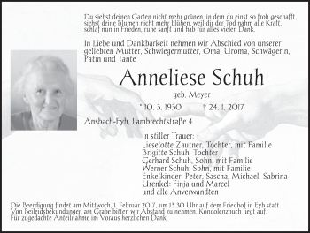 Traueranzeige von Anneliese Schuh von Ansbach