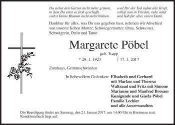 Traueranzeige von Margarete Pöbel von Dinkelsbühl/ Feuchtwangen