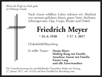 Traueranzeige von Friedrich Meyer von Dinkelsbühl/ Feuchtwangen