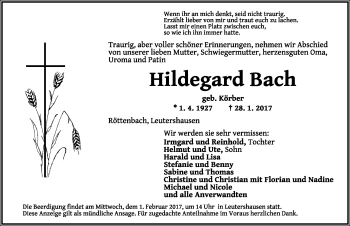 Traueranzeige von Hildegard Bach von Rothenburg