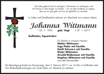 Traueranzeige von Johanna Wittmann von Neustadt/ Scheinfeld/ Uffenheim