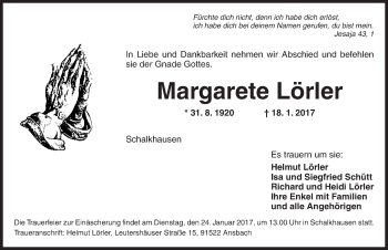 Traueranzeige von Margarete Lörler von Ansbach