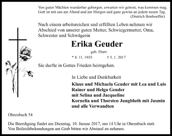 Traueranzeige von Erika Geuder von Rothenburg