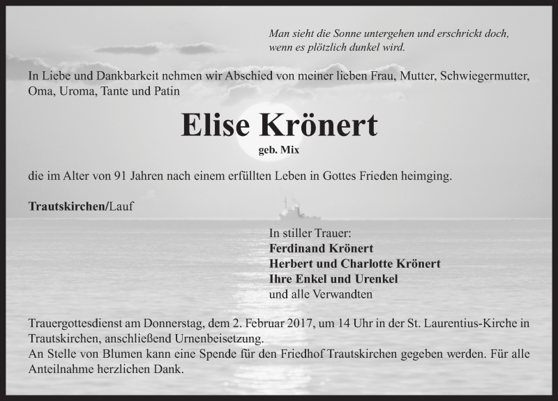  Traueranzeige für Elise Krönert vom 30.01.2017 aus Neustadt/ Scheinfeld/ Uffenheim