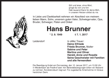 Traueranzeige von Hans Brunner von Ansbach