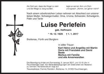 Traueranzeige von Luise Perlefein von Dinkelsbühl/ Feuchtwangen