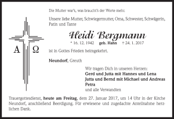 Traueranzeige von Heidi Bergmann von Neustadt/ Scheinfeld/ Uffenheim