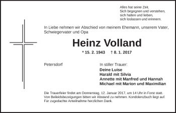 Traueranzeige von Heinz Volland von Ansbach