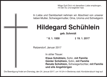 Traueranzeige von Hildegard Schühlein von Dinkelsbühl/ Feuchtwangen