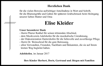 Traueranzeige von Elise Kleider von Rothenburg