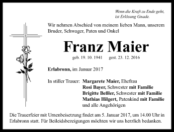 Traueranzeige von Franz Maier von Neustadt/ Scheinfeld/ Uffenheim