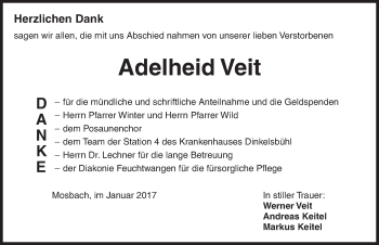 Traueranzeige von Adelheid Veit von Dinkelsbühl/ Feuchtwangen