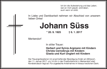 Traueranzeige von Johann Süss von Ansbach