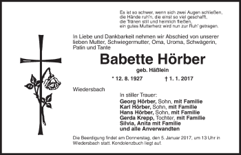 Traueranzeige von Babette Hörber von Ansbach