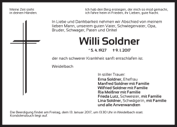 Traueranzeige von Willi Soldner von Dinkelsbühl/ Feuchtwangen