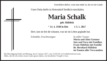 Traueranzeige von Maria Schalk von Dinkelsbühl/ Feuchtwangen