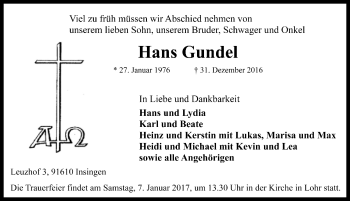 Traueranzeige von Hans Gundel von Rothenburg