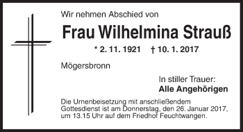 Traueranzeige von Wilhelmina Strauß von Dinkelsbühl/ Feuchtwangen