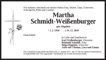 Traueranzeige von Martha Schmidt-Weißenburger von Dinkelsbühl/ Feuchtwangen