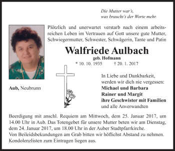 Traueranzeige von Walfriede Aulbach von Neustadt/ Scheinfeld/ Uffenheim