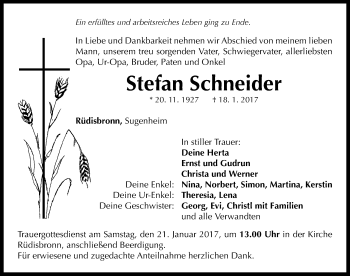 Traueranzeige von Stefan Schneider von Neustadt/ Scheinfeld/ Uffenheim