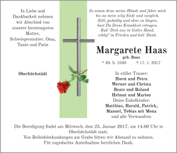 Traueranzeige von Margarete Haas von Neustadt/ Scheinfeld/ Uffenheim