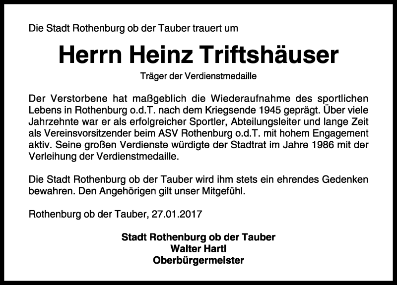  Traueranzeige für Heinz Triftshäus vom 31.01.2017 aus Rothenburg