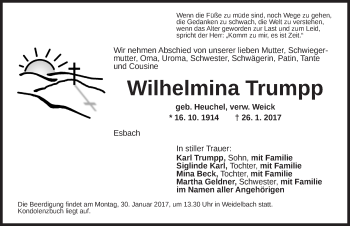 Traueranzeige von Wilhelmine Trump von Dinkelsbühl/ Feuchtwangen