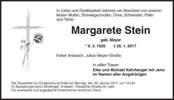 Traueranzeige von Margarete Stein von Ansbach