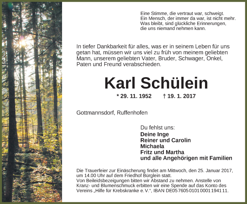  Traueranzeige für Karl Schülein vom 23.01.2017 aus Ansbach