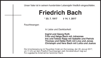 Traueranzeige von Friedrich Bach von Dinkelsbühl/ Feuchtwangen