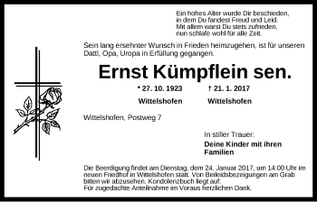 Traueranzeige von Ernst Kümpflein von Dinkelsbühl/ Feuchtwangen