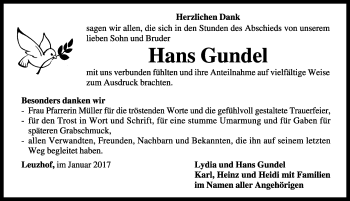 Traueranzeige von Hans Gundel von Rothenburg