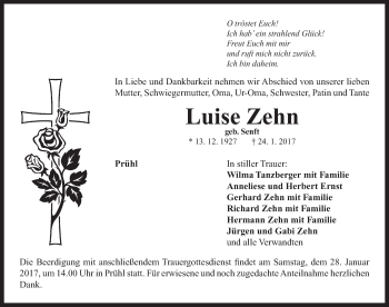 Traueranzeige von Luise Zehn von Neustadt/ Scheinfeld/ Uffenheim