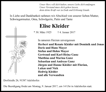 Traueranzeige von Elise Kleider von Rothenburg