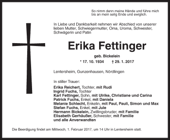 Traueranzeige von Erika Fettinger von Dinkelsbühl/ Feuchtwangen