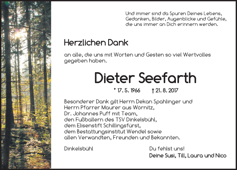  Traueranzeige für Dieter Seefarth vom 16.09.2017 aus 