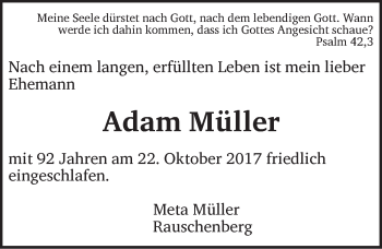 Traueranzeige von Adam Müller von Neustadt/ Scheinfeld/ Uffenheim