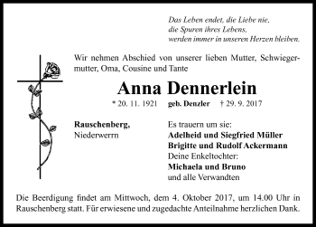 Traueranzeige von Anna Dennerlein von Neustadt/ Scheinfeld/ Uffenheim