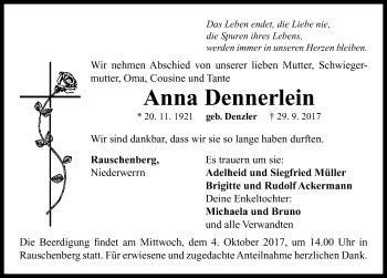 Traueranzeige von Anna Dennerlein von Neustadt/ Scheinfeld/ Uffenheim