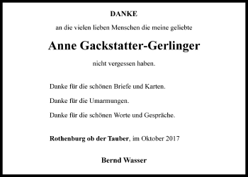 Traueranzeige von Anne Gackstatter-Gerlinger von Rothenburg