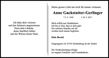 Traueranzeige von Anne Gackstatter-Gerlinger von Rothenburg