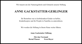 Traueranzeige von Anne Gackstatter-Gerlinger von Rothenburg