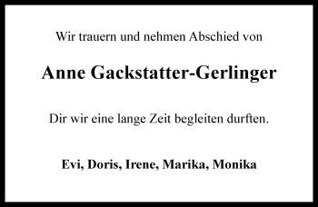 Traueranzeige von Anne Gackstatter-Gerlinger von Rothenburg