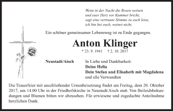 Traueranzeige von Anton Klinger von Neustadt/ Scheinfeld/ Uffenheim