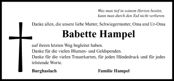 Traueranzeige von Babette Hampel von Neustadt/ Scheinfeld/ Uffenheim