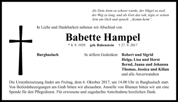 Traueranzeige von Babette Hampel von Neustadt/ Scheinfeld/ Uffenheim