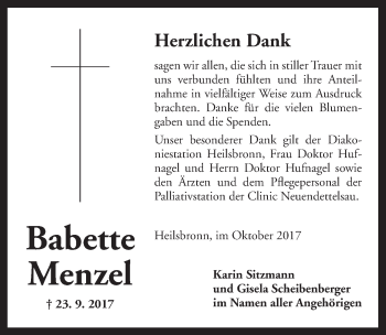 Traueranzeige von Babette Menzel von Ansbach