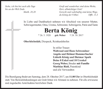 Traueranzeige von Berta König von Neustadt/ Scheinfeld/ Uffenheim